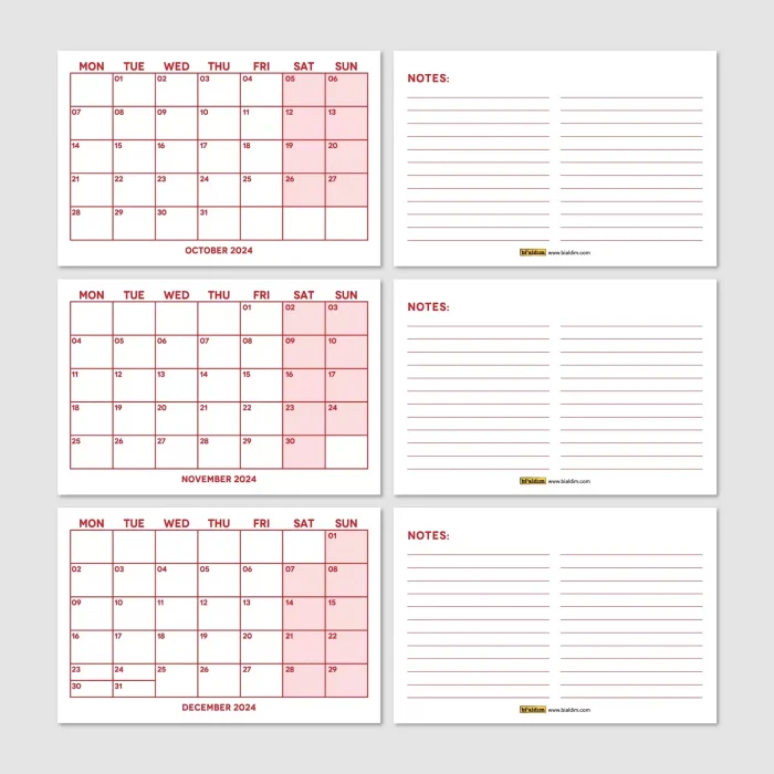 Kırmızı Renkli Aylık Planlama 2027 Takvim, 2027 Masa Takvimi, Red Color Monthly Planner Calendar