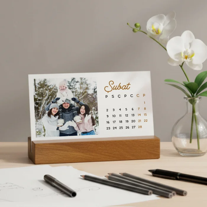 Kişiye Özel Ahşap Standlı 2026 Masa Takvimi – Fotoğraflı Hediyelik Takvim