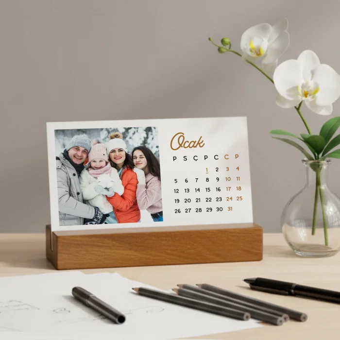 Kişiye Özel Ahşap Standlı 2027 Masa Takvimi – Fotoğraflı Hediyelik Takvim