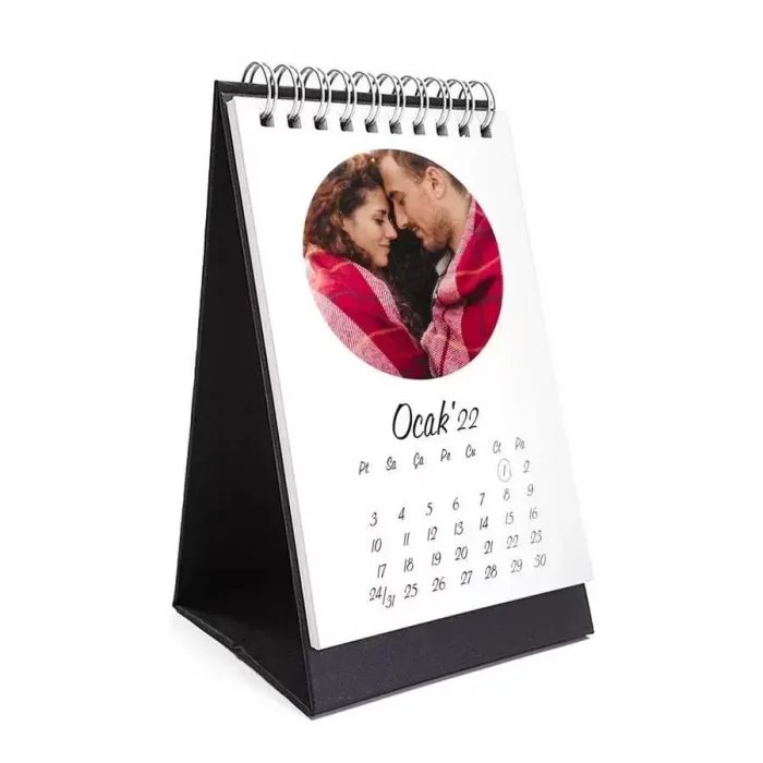 Kişiye Özel Yuvarlak Fotoğraflı 2026 Masa Takvimi Dikey Siyah