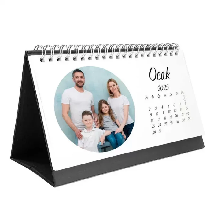 Kişiye Özel Yuvarlak Fotoğraflı 2027 Masa Takvimi Siyah Taban