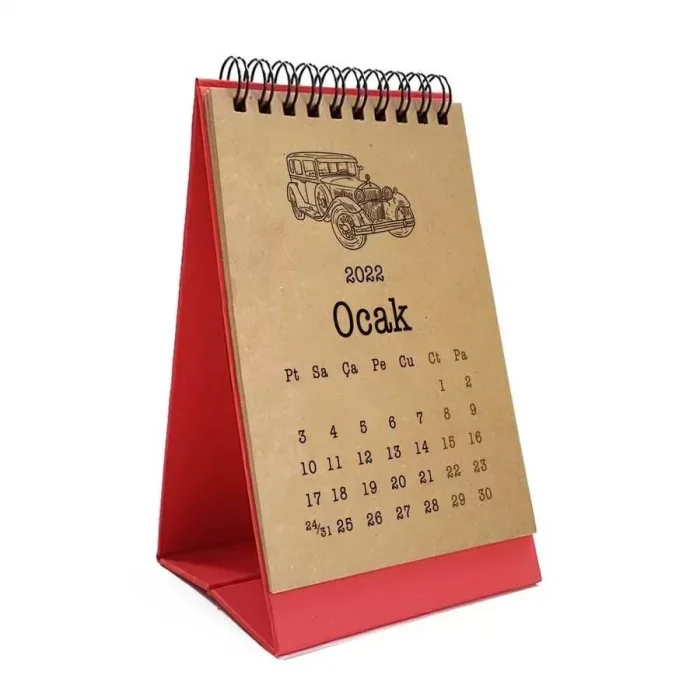 Klasik Araba Takvim 2025 Masa Takvimi Kırmızı Kraft