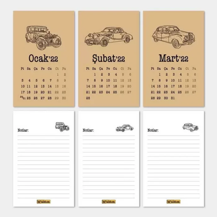 Klasik Arabalar Haftalık Planlamalı 2025 Masa Takvimi Kraft Kırmızı
