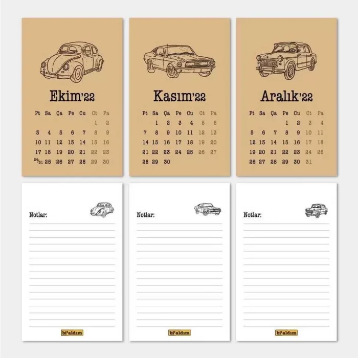 Klasik Arabalar Haftalık Planlamalı 2025 Masa Takvimi Kraft Kırmızı