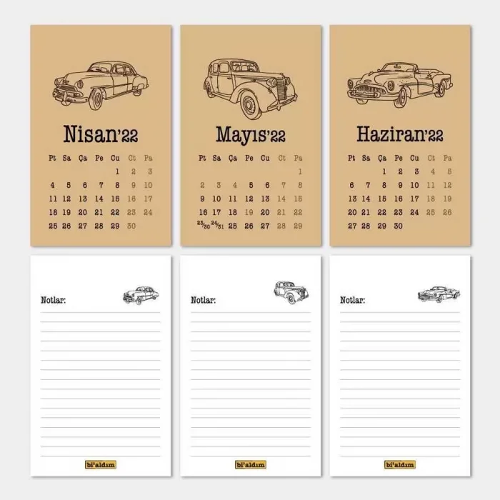 Klasik Arabalar Haftalık Planlamalı 2025 Masa Takvimi Kraft Siyah