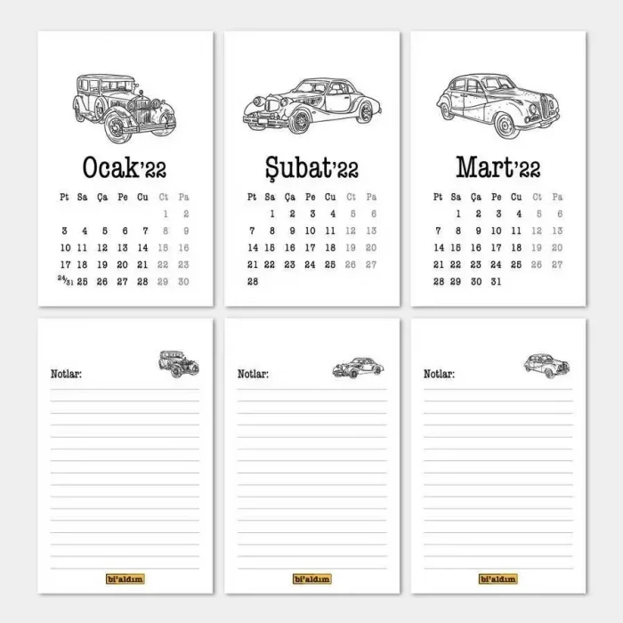 Klasik Arabalar Haftalık Planlamalı 2026 Masa Takvimi Kırmızı