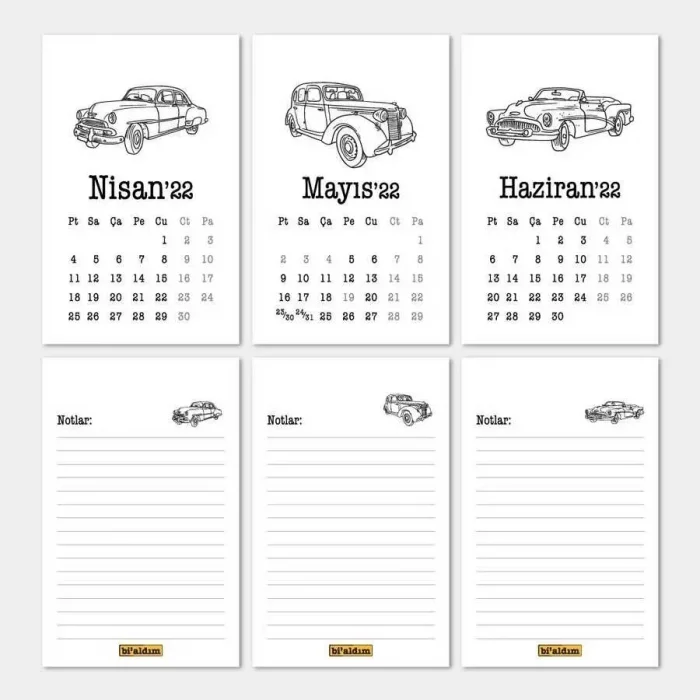 Klasik Arabalar Haftalık Planlamalı 2026 Masa Takvimi Kırmızı