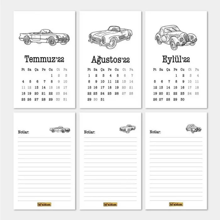 Klasik Arabalar Haftalık Planlamalı 2026 Masa Takvimi Kırmızı