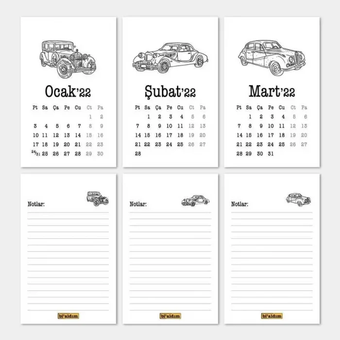 Klasik Arabalar Haftalık Planlamalı 2026 Masa Takvimi Kraft