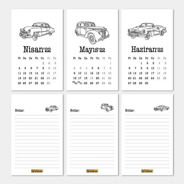Klasik Arabalar Haftalık Planlamalı 2026 Masa Takvimi Kraft