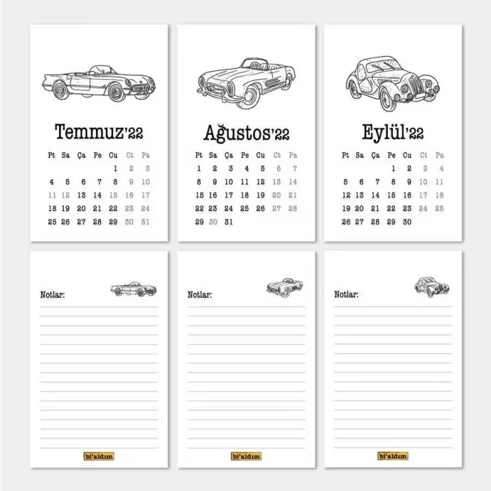 Klasik Arabalar Haftalık Planlamalı 2026 Masa Takvimi Kraft