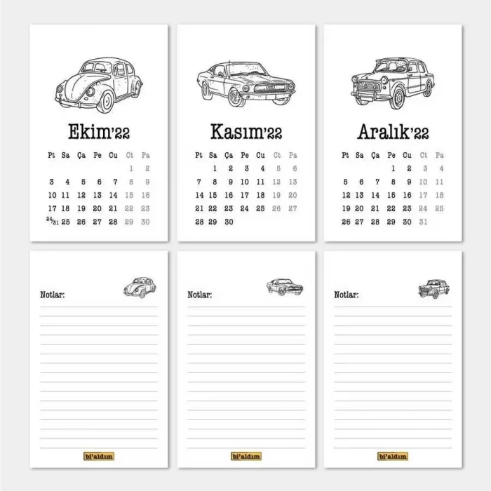 Klasik Arabalar Haftalık Planlamalı 2026 Masa Takvimi Kraft