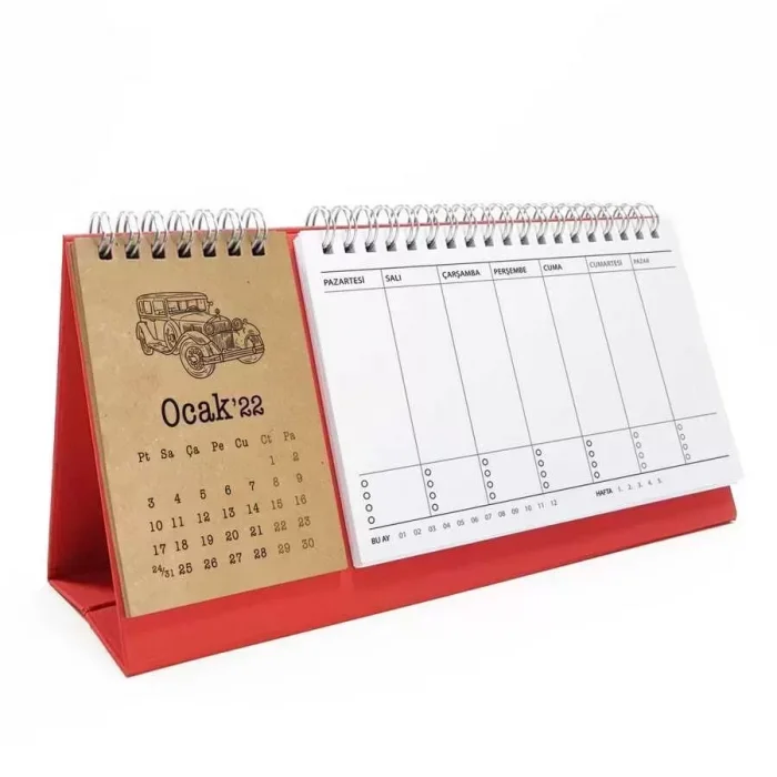 Klasik Arabalar Haftalık Planlamalı 2026 Masa Takvimi Kraft Kırmızı