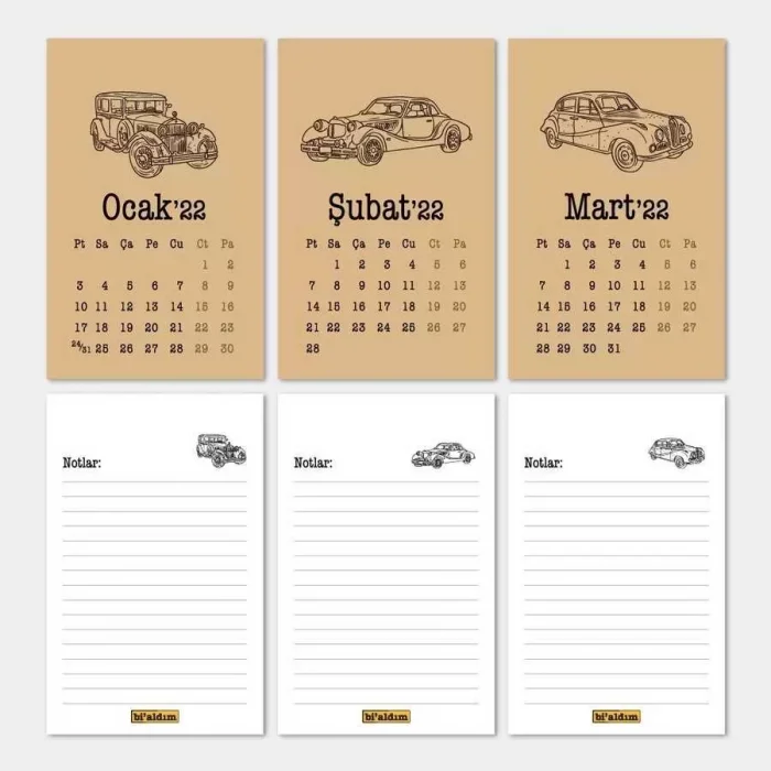 Klasik Arabalar Haftalık Planlamalı 2026 Masa Takvimi Kraft Kırmızı