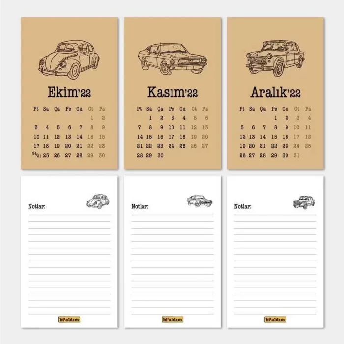 Klasik Arabalar Haftalık Planlamalı 2026 Masa Takvimi Kraft Kırmızı