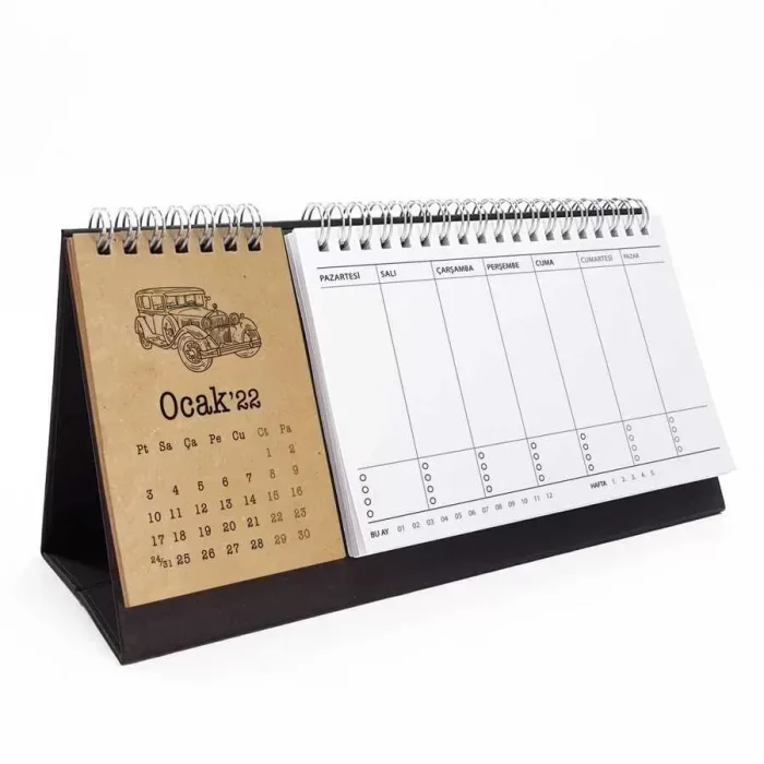 Klasik Arabalar Haftalık Planlamalı 2026 Masa Takvimi Kraft Siyah