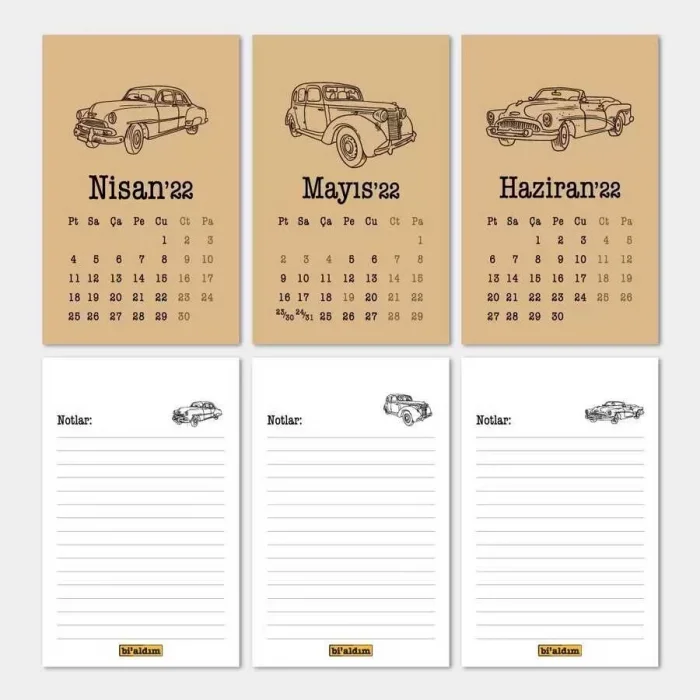 Klasik Arabalar Haftalık Planlamalı 2026 Masa Takvimi Kraft Siyah