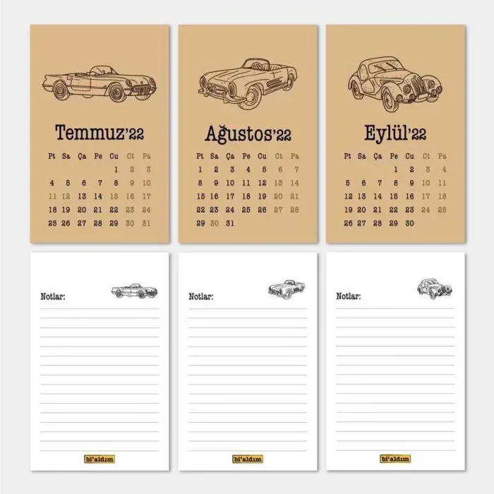 Klasik Arabalar Haftalık Planlamalı 2026 Masa Takvimi Kraft Siyah