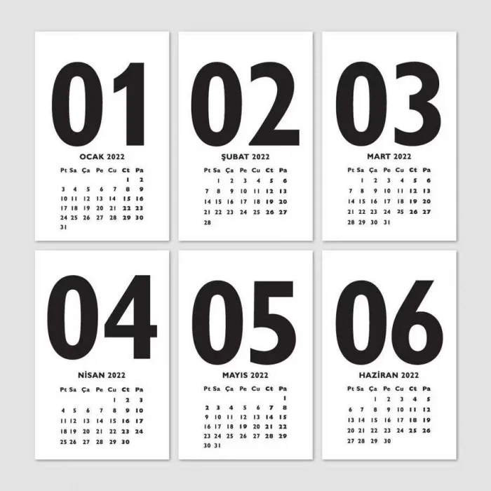 Kraft 2025 Masa Takvimi İngilizce Türkçe Sayı Aylar Konsept