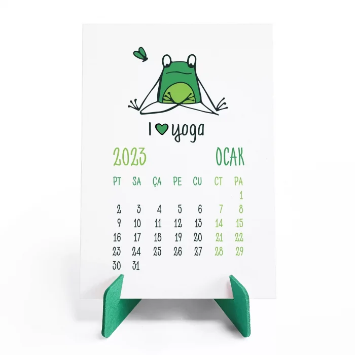 Kurbağa Konseptli 2026 Yoga Takvimi, 2026 Yoga Takvim, Yeşil Kurbağa Masa Takvimi