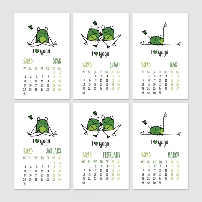 Kurbağa Konseptli 2026 Yoga Takvimi, 2026 Yoga Takvim, Yeşil Kurbağa Masa Takvimi