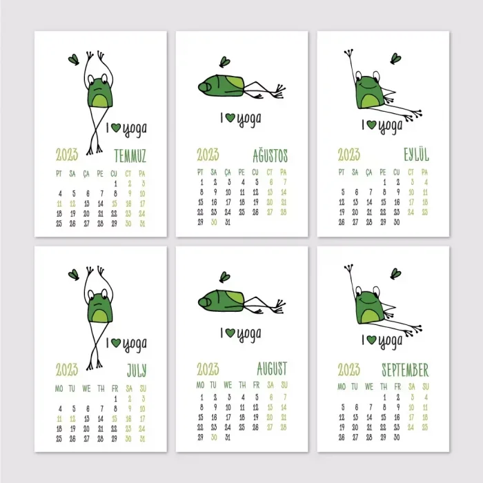 Kurbağa Konseptli 2026 Yoga Takvimi, 2026 Yoga Takvim, Yeşil Kurbağa Masa Takvimi