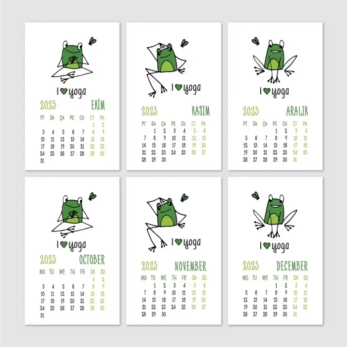 Kurbağa Konseptli 2026 Yoga Takvimi, 2026 Yoga Takvim, Yeşil Kurbağa Masa Takvimi