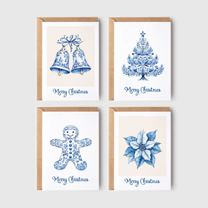 Mavi Desen Yeniyıl Kartları 8’li Set, Lüks Noel Kartları, Mutlu Yıllar Kartı, Tebrik Kartları