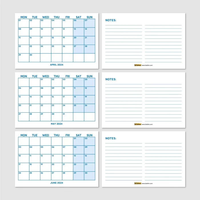 Mavi Renkli Aylık Planlama 2026 Takvim, 2026 Masa Takvimi, Blue Color Monthly Planner Calendar