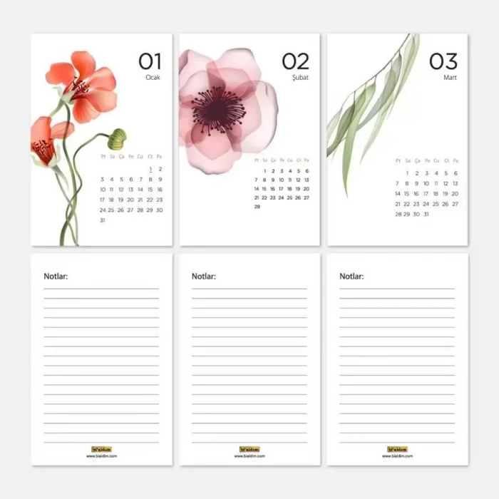 Mevsim Çiçekli Takvim 2025 Masa Takvimi Kraft