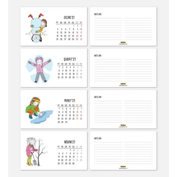 Mevsimler Kızlı İllustrasyon Çizim 2025 Masa Takvimi - Siyah Renk
