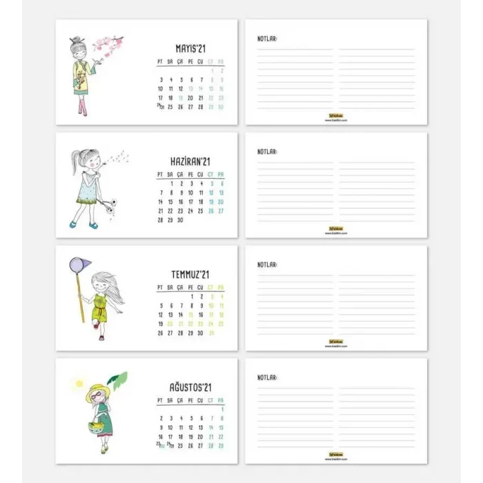 Mevsimler Kızlı İllustrasyon Çizim 2025 Masa Takvimi - Siyah Renk