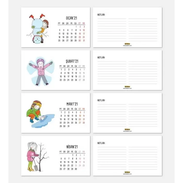 Mevsimler Kızlı İllustrasyon Çizim 2026 Masa Takvimi - Kırmızı Renk