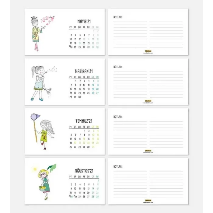 Mevsimler Kızlı İllustrasyon Çizim 2026 Masa Takvimi - Kırmızı Renk