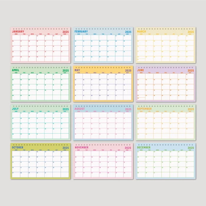Renkli Sayfalar 2025 Aylık Planlayıcı Masa Takvimi, 2025 Masa Takvimi, Gökkuşağı Renkli Notluk Takvim, Rainbow 2025 Monthly Planner Desk Calendar