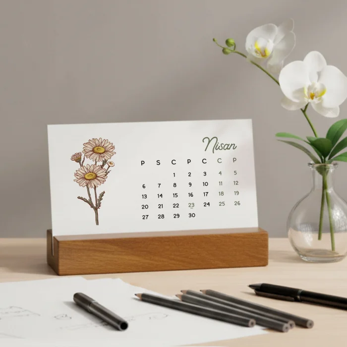 Rustik Ahşap Ayaklı 2026 Masa Takvimi - Doğum Ayı Çiçekleri Takvimi