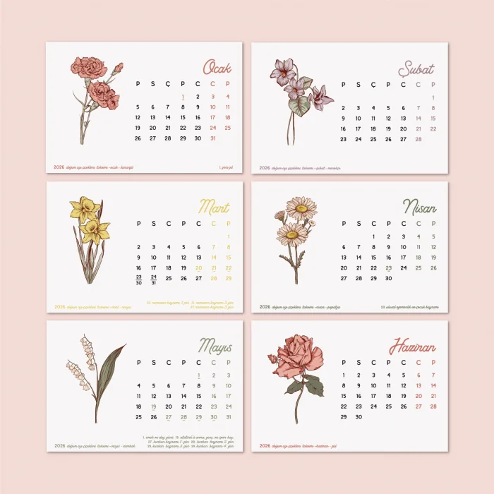 Rustik Ahşap Ayaklı 2026 Masa Takvimi - Doğum Ayı Çiçekleri Takvimi