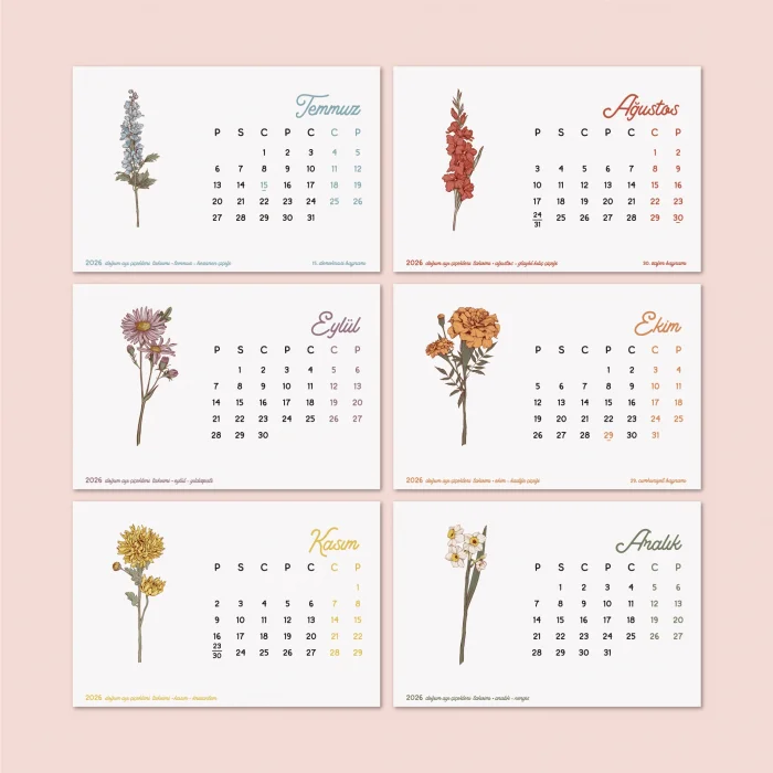 Rustik Ahşap Ayaklı 2026 Masa Takvimi - Doğum Ayı Çiçekleri Takvimi