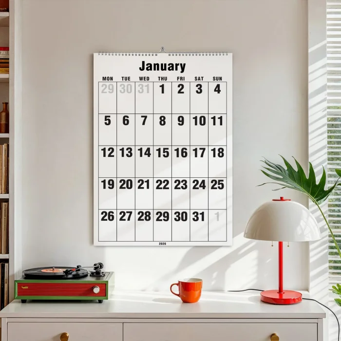 Spiralli 2026 Aylık Planlayıcı Duvar Takvimi, Minimal Siyah Beyaz, 33x48 cm & A4 Takvim