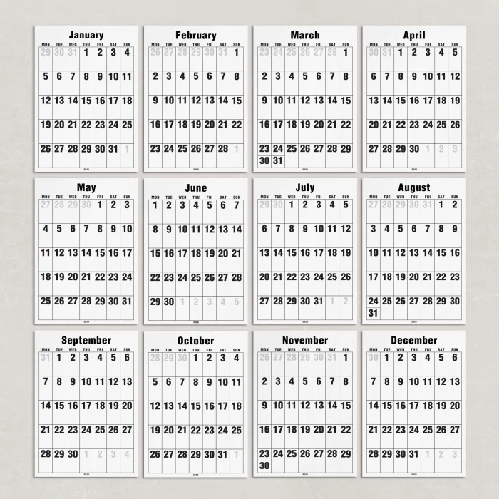 Spiralli 2026 Aylık Planlayıcı Duvar Takvimi, Minimal Siyah Beyaz, 33x48 cm & A4 Takvim