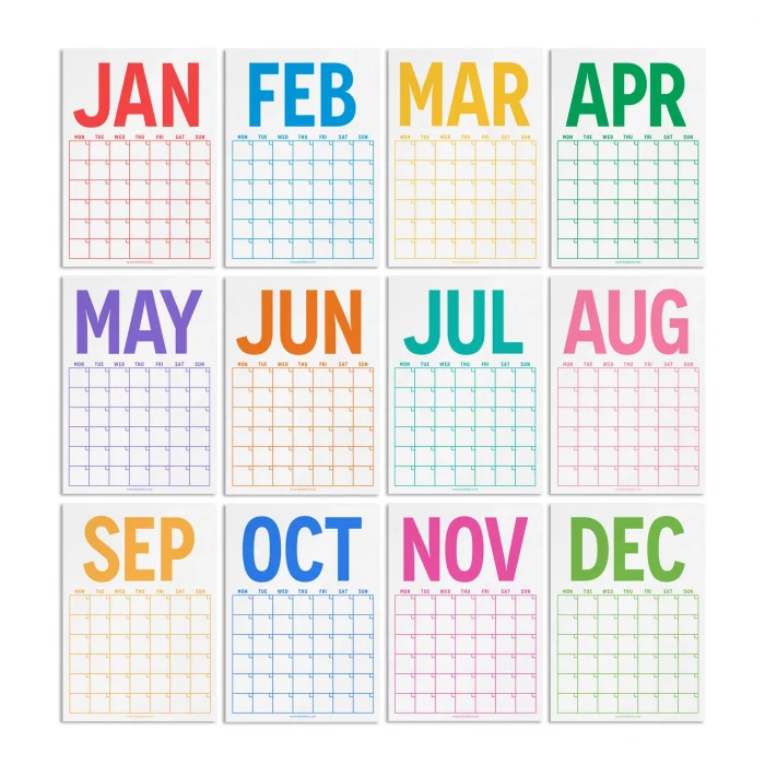 Sürekli Takvim, 12 Aylık Tarihsiz Takvim, Aylık Planlayıcı Takvim, A4, 33 x 48 cm, Undated Monthly Wall Planner, Wall Calendar