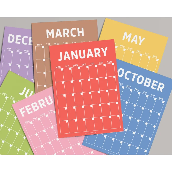 Sürekli Zamansız Takvim, 12 Aylık Tarihsiz Takvim, Aylık Planlayıcı Takvim, 33 x 48 cm, A4, Rengarenk Gökkuşağı Renkleri, Undated Monthly Wall Planner, Wall Calendar, Perpetual Calendar