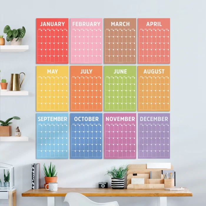 Sürekli Zamansız Takvim, 12 Aylık Tarihsiz Takvim, Aylık Planlayıcı Takvim, 33 x 48 cm, A4, Rengarenk Gökkuşağı Renkleri, Undated Monthly Wall Planner, Wall Calendar, Perpetual Calendar