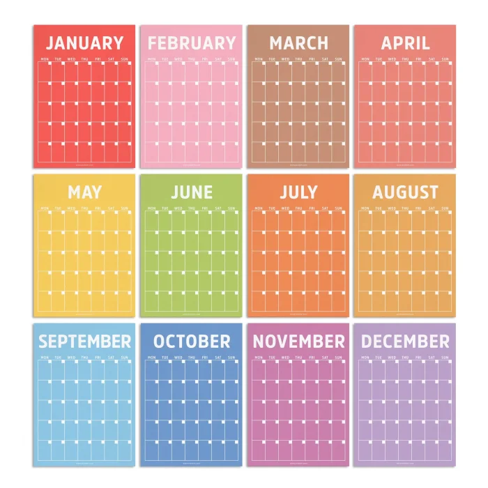 Sürekli Zamansız Takvim, 12 Aylık Tarihsiz Takvim, Aylık Planlayıcı Takvim, 33 x 48 cm, A4, Rengarenk Gökkuşağı Renkleri, Undated Monthly Wall Planner, Wall Calendar, Perpetual Calendar