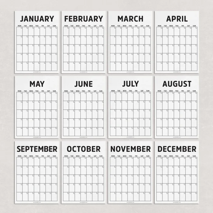 Tarihsiz Aylık Planlayıcı Duvar Takvimi - Minimalist Siyah Beyaz Modern Planlayıcı (12 Ay)