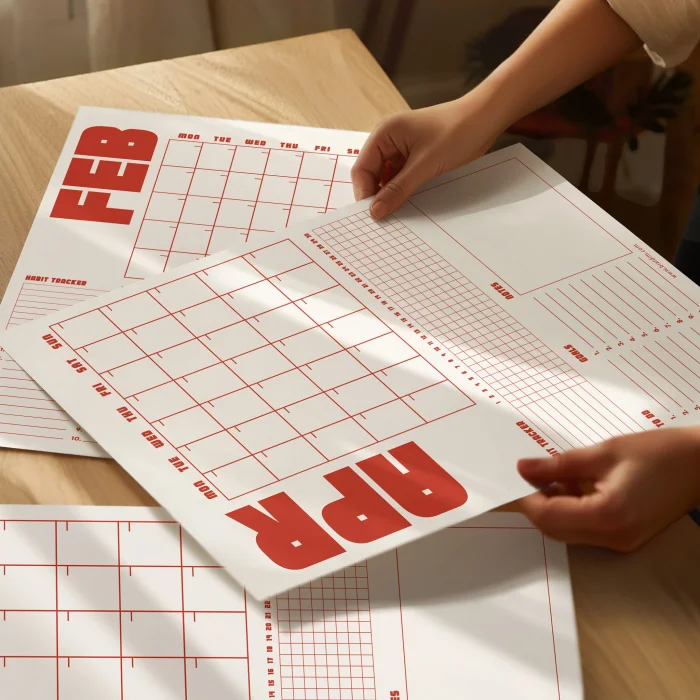 Tarihsiz Aylık Planlayıcı Takvim, Kırmızı Retro Organizer Planlayıcı