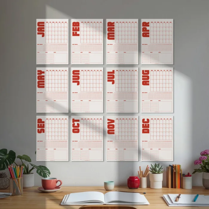 Tarihsiz Aylık Planlayıcı Takvim, Kırmızı Retro Organizer Planlayıcı