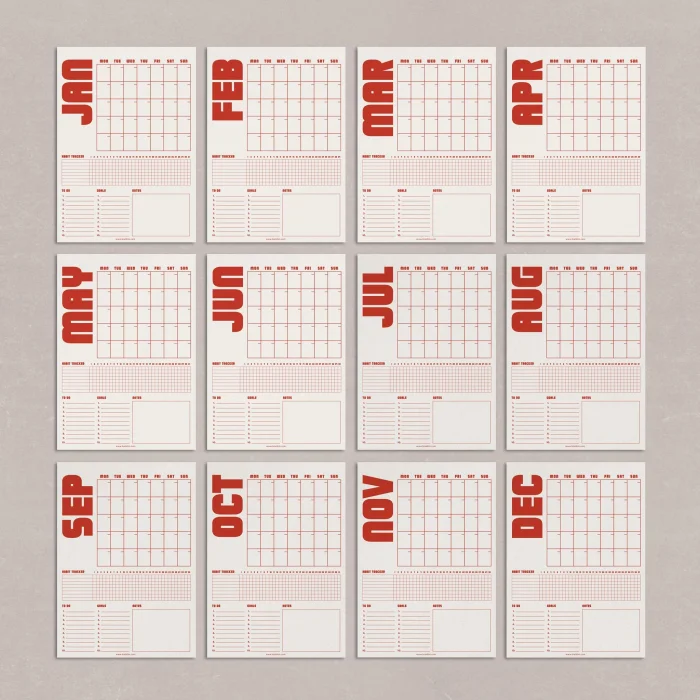 Tarihsiz Aylık Planlayıcı Takvim, Kırmızı Retro Organizer Planlayıcı