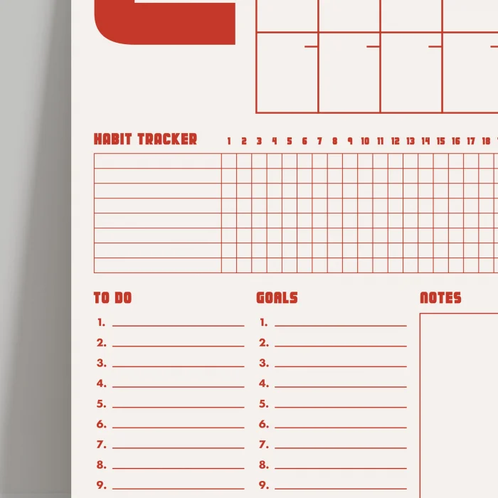 Tarihsiz Aylık Planlayıcı Takvim, Kırmızı Retro Organizer Planlayıcı