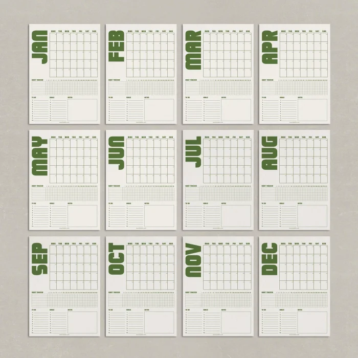 Tarihsiz Aylık Planlayıcı Takvim, Matcha Yeşil Retro Organizer Duvar Planlayıcı